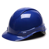 The Pyramex Ridgeline Cap Style 6 Pt Ratchet Hard Hat, available in blue with a shiny surface, features a low profile design and includes a visor at the front, offering essential protection for construction site workers. This reliable hard hat from Pyramex Safety meets ANSI/ISEA Z89.1-2014 standards, ensuring optimal safety and reliability for all users.