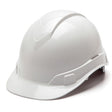 A Pyramex Ridgeline Cap Style 6 Pt Ratchet Hard Hat in white with a glossy finish is displayed from a slightly angled perspective. This ANSI/ISEA Z89.1-2014 certified hard hat features a smooth, low-profile design with a front bill and a central ridge.