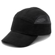 The Pyramex Safety Baseball Bump Cap is a stylish black cap designed with mesh side panels for ventilation and accented with white stitching on the curved brim and crown. It offers an adjustable fit for comfort, and its reflective piping enhances visibility.