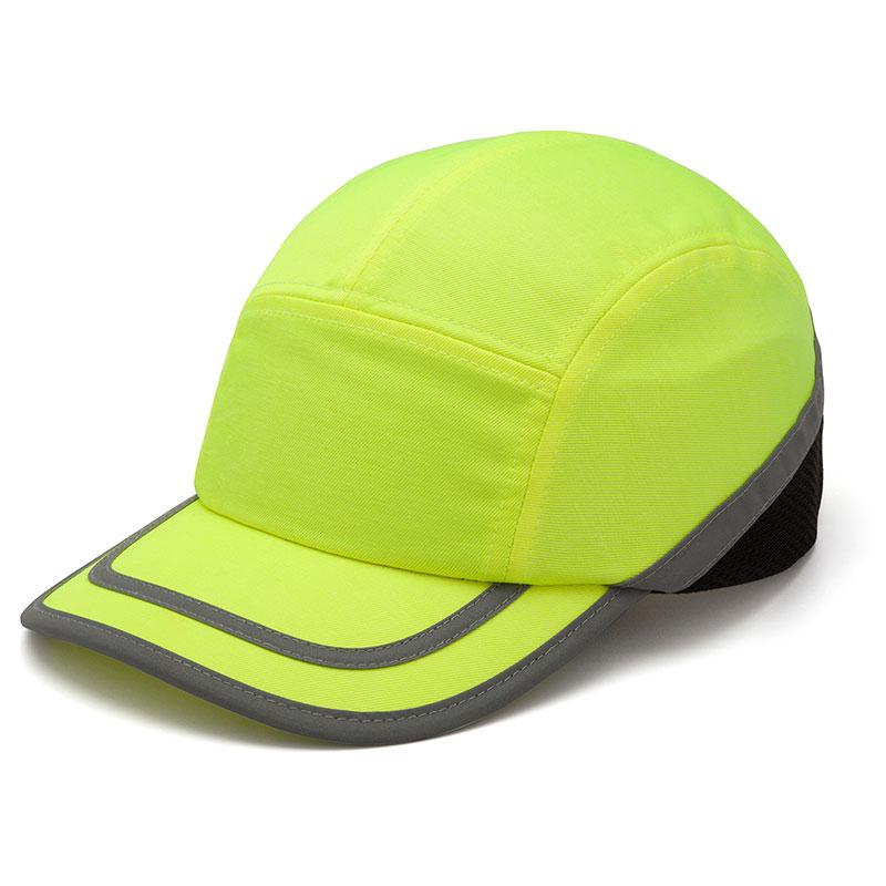 The Pyramex Safety Baseball Bump Caps HP500 feature a vibrant yellow design with gray accents on the brim and seams. They include a breathable black mesh panel at the back and reflective piping for enhanced visibility.