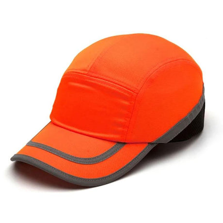 Presenting the Pyramex Safety HP500 baseball bump cap, a vibrant orange safety accessory with gray accents and a breathable black mesh panel on the back. It is designed with reflective piping for enhanced visibility, all showcased against a plain white background.