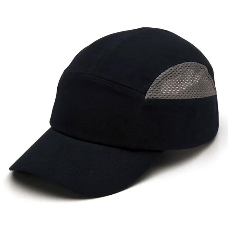 The Pyramex Safety Baseball Bump Cap HP500 features a black design with gray mesh side panels designed for ventilation. It includes reflective piping, a curved brim, and exudes a simple, modern style ideal for various activities.