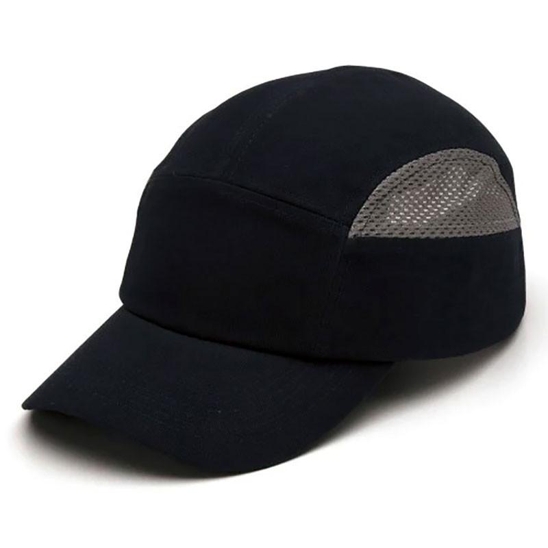 The Pyramex Safety Pyramex Baseball Bump Caps HP500 come in black with a curved brim, featuring gray mesh panels on the sides and a subtle reflective piping for enhanced visibility, sold as 12 per box.