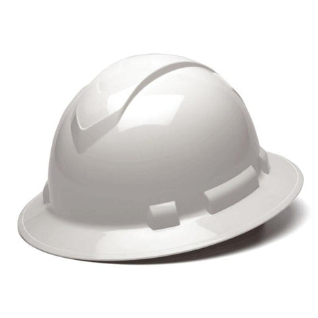 A Pyramex Safety Ridgeline Full Brim Hard Hat, shown in white against a plain background, features a rounded shape with ridge details on the sides and is equipped with a ratchet suspension system for a snug fit.