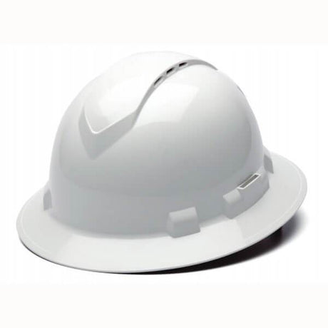 The Pyramex Ridgeline Vented Full Brim Hard Hat by Pyramex Safety, sporting a white color, features a wide brim and strategically placed air vents. Its innovative ratchet suspension system guarantees optimal comfort and fit as it rests against a plain background.