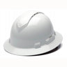 The Pyramex Ridgeline Vented Full Brim Hard Hat by Pyramex Safety, sporting a white color, features a wide brim and strategically placed air vents. Its innovative ratchet suspension system guarantees optimal comfort and fit as it rests against a plain background.