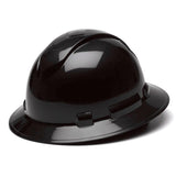 A Pyramex Safety Ridgeline Full Brim Hard Hat, finished in glossy black and equipped with ratchet suspension, is displayed against a white background. This helmet features a straightforward design with a full brim and top ridges for enhanced strength and aesthetic appeal.