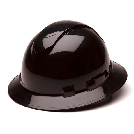 The Pyramex Ridgeline Vented Full Brim Hard Hat, featuring a sleek black design and equipped with a ratchet suspension for optimal head protection, is displayed against a white background.