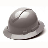 A rounded, glossy gray Pyramex Ridgeline Full Brim Hard Hat from Pyramex Safety is depicted against a plain white background. It features a ratchet suspension ensuring an optimal fit.