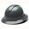 The Pyramex Safety Ridgeline Vented Full Brim Hard Hat, available in a case of 12, is a dark gray helmet featuring a smooth, glossy surface and ratchet suspension for a secure fit. It includes a wide brim and multiple air vents positioned on the top and sides for optimal head protection in construction or industrial environments.