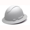 Against a plain backdrop, the Pyramex Hydro Dipped Ridgeline Full Brim Hard Hat in white is showcased. This model by Pyramex Safety features a wide brim and structured design suitable for construction or safety needs, and comes with ratchet suspension to meet ANSI Z89.1-2014 standards.