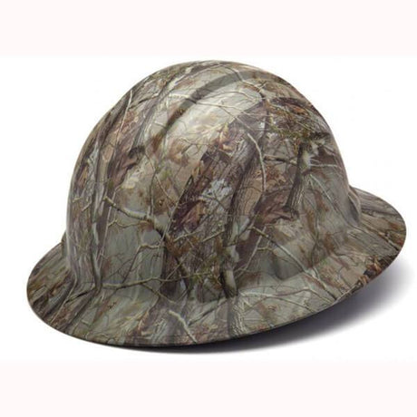 A Pyramex Safety Ridgeline Full Brim Hard Hat, hydro dipped with a camouflage pattern featuring a natural woodland design. This hard hat has a wide brim and rounded top, showcasing earthy shades of green, brown, and gray. It includes ratchet suspension for comfort and complies with ANSI Z89.1-2014 safety standards.