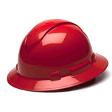 A shiny red Pyramex Safety Ridgeline Full Brim Hard Hat, with its reinforced brim and minimalist design, is set against a plain white background.