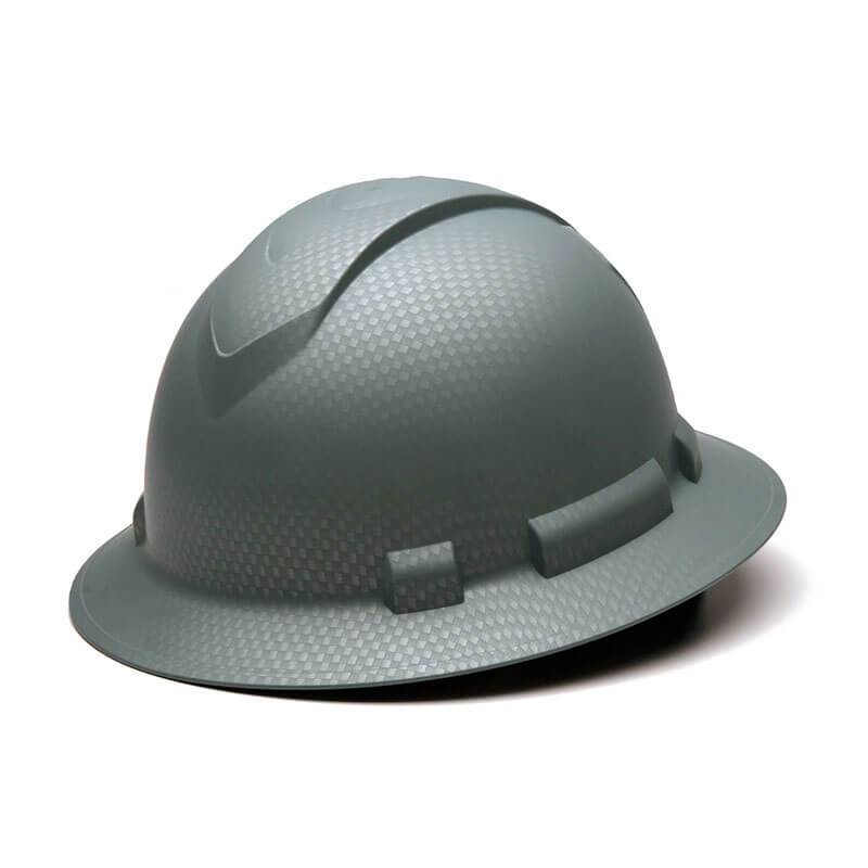 The Pyramex Hydro Dipped Ridgeline Full Brim Hard Hat, meeting ANSI Z89.1-2014 standards, features a sleek surface with gentle ridges for design appeal. The full brim offers substantial protection while its slight angle on a white backdrop enhances both style and practicality.