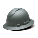 The Pyramex Hydro Dipped Ridgeline Full Brim Hard Hat, meeting ANSI Z89.1-2014 standards, features a sleek surface with gentle ridges for design appeal. The full brim offers substantial protection while its slight angle on a white backdrop enhances both style and practicality.