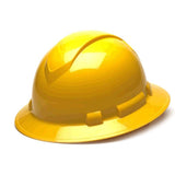 The Pyramex Safety Ridgeline Full Brim Hard Hat (12/Box) in a vibrant yellow with a glossy finish is displayed against a simple white background. It includes a front visor, adjustable ratchet suspension for enhanced comfort, and side slots for adding accessories.