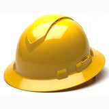 The Pyramex Ridgeline Vented Full Brim Hard Hat by Pyramex Safety, in a bright yellow finish, is showcased against a plain white background. Its full brim and air vent features highlight its shiny, sleek design and practicality for any job site.