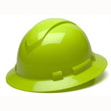 The Pyramex Safety Ridgeline Full Brim Hard Hat, available in a vibrant lime green with a glossy finish, features a full brim and ridged design for enhanced protection. It comes equipped with an adjustable ratchet suspension to ensure a comfortable fit.