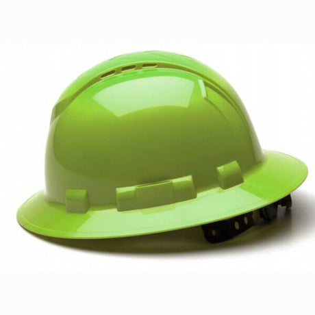 A Pyramex Ridgeline Vented Full Brim Hard Hat from Pyramex Safety, featuring a bright green color and a glossy finish, is displayed against a plain white background. The helmet includes air vents on the top to improve ventilation.