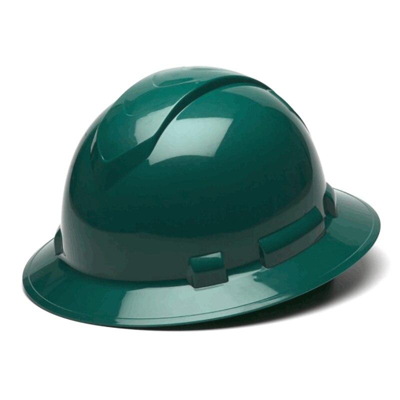 A gleaming green Pyramex Safety Ridgeline Full Brim Hard Hat, featuring ratchet suspension for enhanced head protection in construction or industrial settings, is displayed against a simple white backdrop.