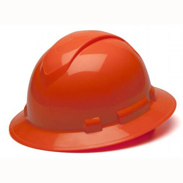 The Pyramex Safety Ridgeline Full Brim Hard Hat (12/Box) features a sleek, glossy finish with an all-around brim and a unique front crest, beautifully positioned against a white backdrop. It is designed with ratchet suspension to provide enhanced security and comfort for maximum safety.