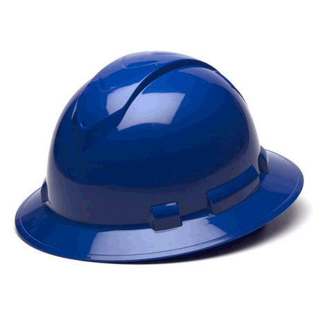 The Pyramex Safety Ridgeline Full Brim Hard Hat, available in a box of 12, features a sleek blue finish that makes it ideal for construction or industrial environments. Its full brim design and ratchet suspension enhance protection, while the subtle ridge on top ensures both safety and comfort.