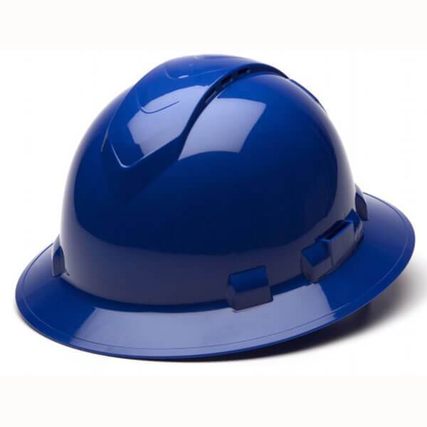 The Pyramex Ridgeline Vented Full Brim Hard Hat, available in a case of 12, exemplifies practicality with its sleek blue design and smooth surface. It features ratchet suspension for an adjustable fit and ventilation slots for enhanced airflow. Displayed against a plain background, it perfectly balances style with functionality under the reliable Pyramex Safety brand.