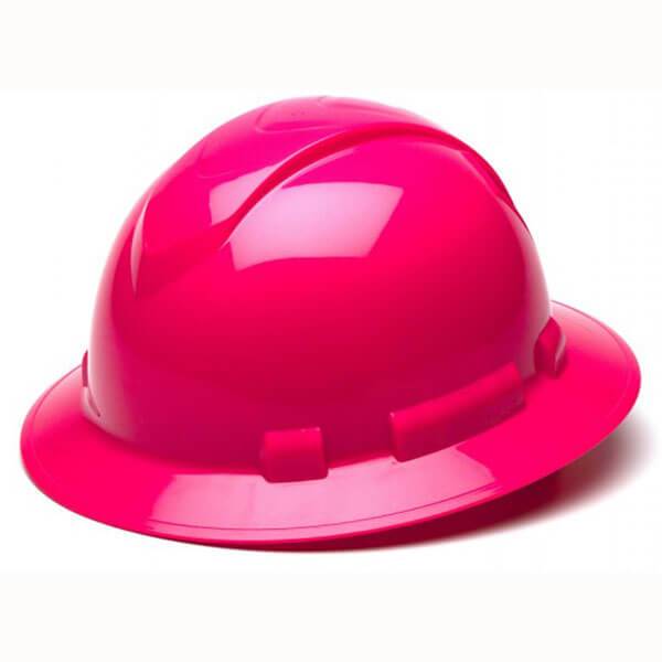 The Pyramex Safety Ridgeline Full Brim Hard Hat, available in bright pink, showcases a glossy finish with a rounded top. It features a comfortable ratchet suspension system that combines safety and style on the job.