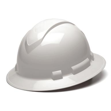 A Pyramex Ridgeline Full Brim Hard Hat from Pyramex Safety, with a smooth, glossy finish, is set against a plain white backdrop. It includes side slots for attachments and a ratchet suspension system, making it perfect for durable head protection in construction and industrial settings.