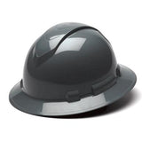 A side view of a dark gray Pyramex Safety Ridgeline Full Brim Hard Hat, showcasing its glossy finish and raised center ridge for enhanced structural support, along with an easy-adjust ratchet suspension system.