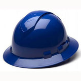 The Pyramex Ridgeline Vented Full Brim Hard Hat, a product of Pyramex Safety, is a glossy blue hat with a smooth, rounded top and wide brim. It includes a ridge for increased structure and safety. Outfitted with ratchet suspension for comfort, the hard hat also offers optional air vents for improved breathability.