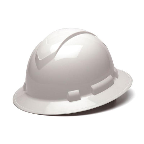 A Pyramex Safety Ridgeline Full Brim 6 Pt Ratchet Hard Hat, in white with a smooth, glossy finish and comfortable ratchet suspension, is placed on a plain white surface.