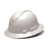 A Pyramex Safety Ridgeline Full Brim 6 Pt Ratchet Hard Hat, in white with a smooth, glossy finish and comfortable ratchet suspension, is placed on a plain white surface.