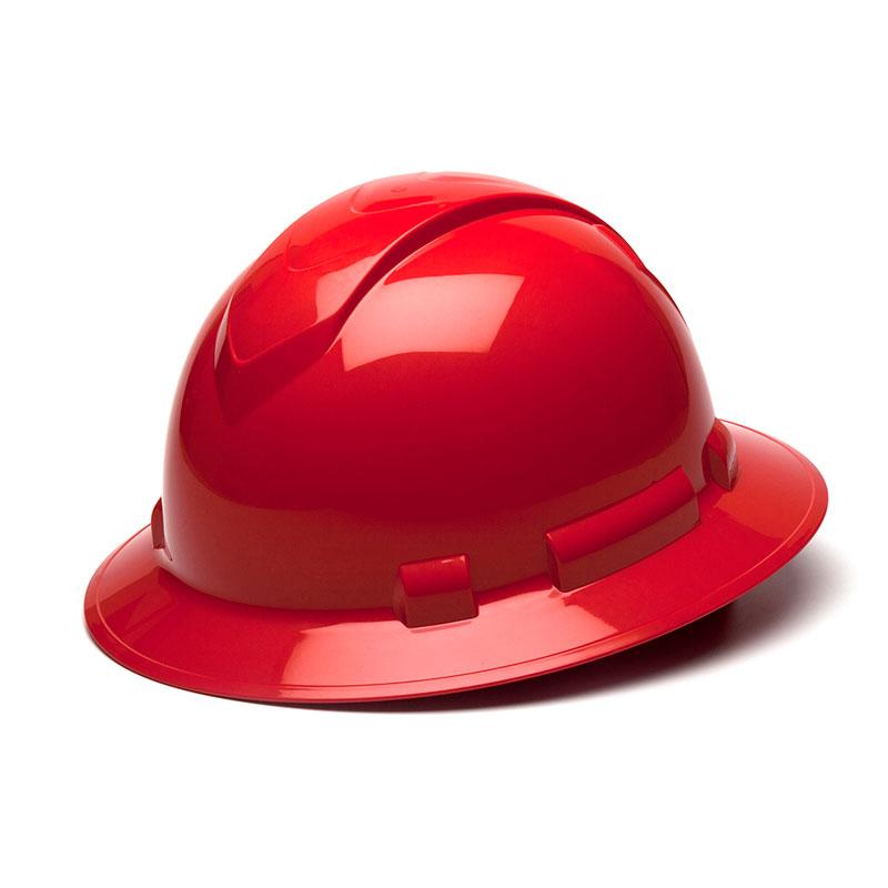 The Pyramex Safety Ridgeline Full Brim 6 Pt Ratchet Hard Hat, available in a shiny red color, offers adjustable comfort with its ratchet suspension and is designed to provide head protection in construction or industrial settings.