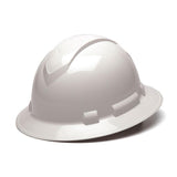 The Pyramex Ridgeline Full Brim 6 Pt Ratchet Hard Hat, featured in a pristine white finish from Pyramex Safety, showcases a sleek and glossy exterior complemented by a minimalist design. Displayed at an angle to highlight its side and top views, it incorporates a ridge for enhanced strength and includes a ratchet suspension system for secure adjustment.