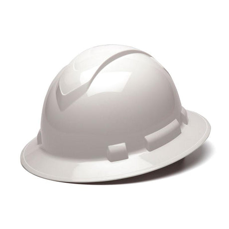 The Pyramex Ridgeline Full Brim 6 Pt Ratchet Hard Hat, featured in a pristine white finish from Pyramex Safety, showcases a sleek and glossy exterior complemented by a minimalist design. Displayed at an angle to highlight its side and top views, it incorporates a ridge for enhanced strength and includes a ratchet suspension system for secure adjustment.