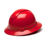 The Pyramex Ridgeline Full Brim 6 Pt Ratchet Hard Hat from Pyramex Safety, showcased in a vivid red, stands out against a white backdrop with its sleek, glossy design. This full brim hard hat is equipped with structured vents for superior ventilation and includes a ratchet suspension system for effortless adjustments.