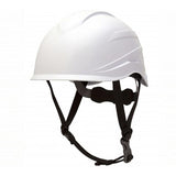 A Pyramex Ridgeline XR7 Safety Helmet in white, complete with a black adjustable chin strap, boasts a sleek design set against a plain white background. This Class E helmet from Pyramex Safety features 6-point ratchet suspension, providing superior head protection for construction or industrial environments.