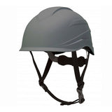 The Pyramex Ridgeline XR7 Safety Helmet HP761 by Pyramex Safety is a gray industrial safety helmet built for head protection during construction or similar activities. It features adjustable black straps and a secure buckle, along with a slightly curved brim and smooth rounded top. This Class E helmet is equipped with a 6-point ratchet suspension system for enhanced comfort.