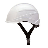 The Pyramex Ridgeline XR7 Safety Helmet HP761_ _ features a sleek white exterior with subtle grooves when viewed from the side. It includes a black adjustable chin strap and 6-point ratchet suspension to ensure maximum protection and comfort as a Class E helmet from Pyramex Safety.