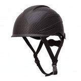 Introducing the Pyramex Ridgeline XR7 Safety Helmet (HP761_ _), a sophisticated black carbon fiber helmet designed by Pyramex Safety. This industrial safety helmet boasts a smooth, streamlined design with adjustable chin straps for a secure fit. Equipped with a 6-point ratchet suspension system, it tilts slightly to the left to highlight its aerodynamic form against a plain white backdrop while adhering to Class E standards.