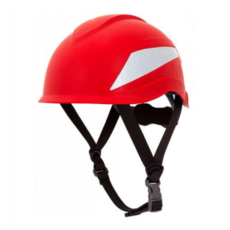 The Pyramex Ridgeline XR7 Safety Helmet HP761 from Pyramex Safety is a vivid red industrial helmet featuring reflective white stripes on the sides. It includes adjustable black chin straps and a quick-release buckle for convenience. Engineered for construction site protection, this helmet offers a 6-point ratchet suspension system to guarantee Class E protection in high-demand environments.