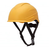 The Pyramex Ridgeline XR7 Safety Helmet HP761_ _ by Pyramex Safety, available in a case of six, is a Class E industrial safety helmet that features a 6-point ratchet suspension system and is presented in a vibrant yellow color. It includes adjustable black straps and a secure chin buckle, all shown in a side profile against a white background, ensuring it delivers both protection and comfort at its best.