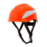 The Pyramex Ridgeline XR7 Safety Helmet, from Pyramex Safety, is an orange industrial helmet designed with a reflective silver stripe on the side. It features a 6-point ratchet suspension system and includes black adjustable straps with a buckle for secure chin fastening, ensuring Class E protection.