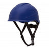 The Pyramex Ridgeline XR7 Safety Helmet HP761 from Pyramex Safety showcases a sleek blue design with adjustable black straps on a white background, featuring 6-point ratchet suspension and a Class E rating for optimal protection. The helmet's smooth surface and secure buckle closure enhance safety.