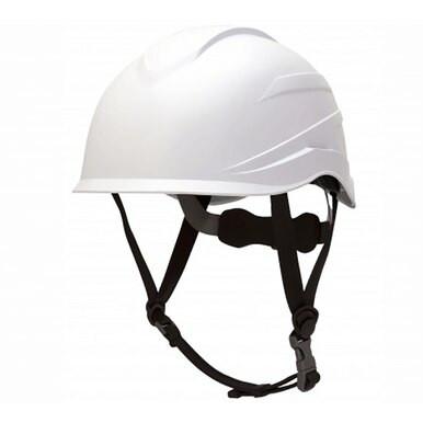 Introducing the Pyramex Ridgeline XR7 Safety Helmet (HP761), a white Class E industrial helmet from Pyramex Safety, featuring a black adjustable chin strap and a 6-point ratchet suspension system, perfect for construction or industrial applications.