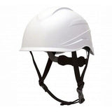 Introducing the Pyramex Ridgeline XR7 Safety Helmet (HP761), a white Class E industrial helmet from Pyramex Safety, featuring a black adjustable chin strap and a 6-point ratchet suspension system, perfect for construction or industrial applications.