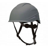 The Pyramex Safety Ridgeline XR7 Safety Helmet HP761, featuring a sleek gray design with a 6-point ratchet suspension and an adjustable chin strap, is displayed against a white background.