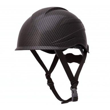 The Pyramex Ridgeline XR7 Safety Helmet HP761, in black with a textured pattern and adjustable straps featuring a secure buckle, is displayed against a white background. It provides enhanced safety comparable to an industrial safety helmet with 6-point ratchet suspension.