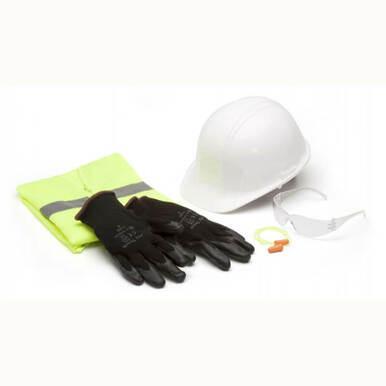 Introducing the Pyramex SL Cap Style Clear New Hire Kit NHC: a comprehensive safety gear set from Pyramex Safety, featuring a white hard hat, reflective yellow vest, black gloves, earplugs, safety glasses, and a yellow lanyard. Perfectly designed to ensure safety from day one.